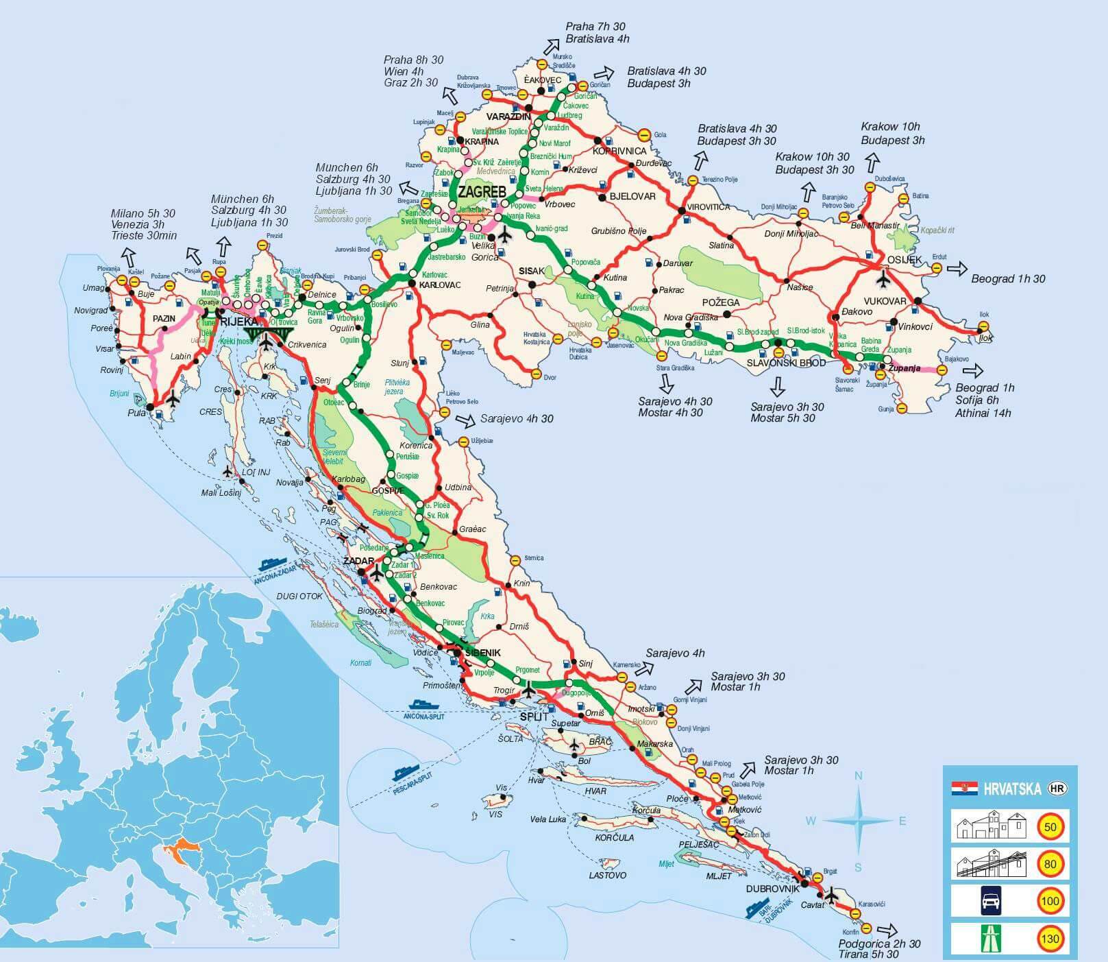 Carte des infrastructures de transport en Croatie