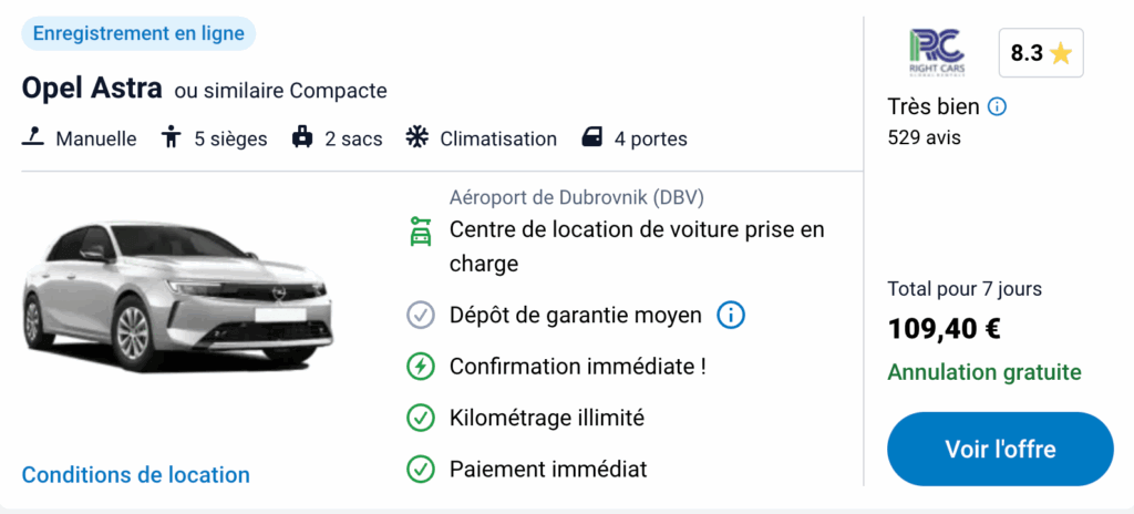 moyenne voiture location dubrovnik